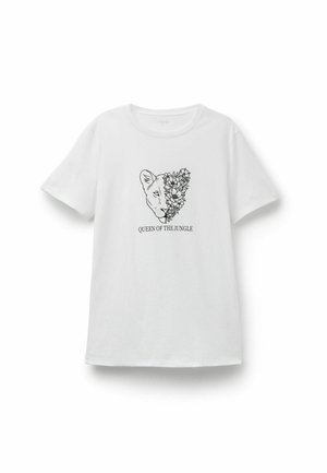 White short-sleeve t-shirt with a graphic of a lioness face half-covered by flowers and the text "QUEEN OF THE JUNGLE" below.