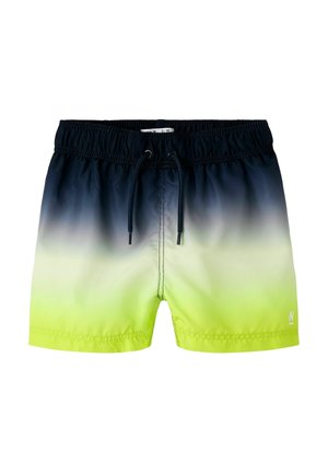 Svart til neon gul gradient badebukser med elastisk midjebånd og svart snor, kort lengde og liten logo på venstre ben.