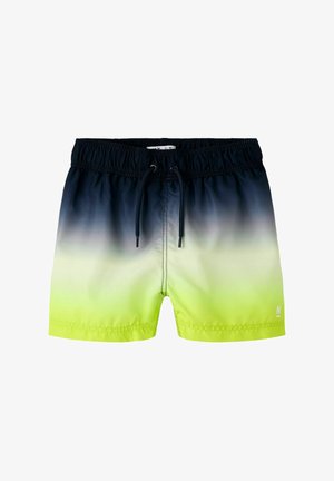 Pantaloncini da bagno con sfumatura dal nero al giallo neon, vita elasticizzata e coulisse nera, lunghezza corta e piccolo logo sulla gamba sinistra.