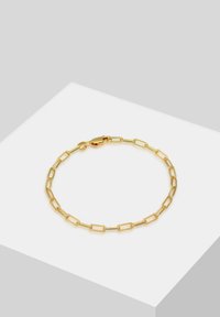 Pulsera chapada en oro que presenta formas ovaladas y rectangulares enlazadas con un cierre seguro, destacando un acabado suave y un diseño ligero.