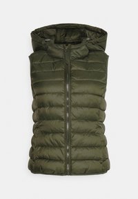 Olivově zelená péřová vesta s kapucí, prošívaná textura, přední zapínání na zip a bez rukávů. Obsahuje stahovací šňůrky pro nastavitelnou kapuci.