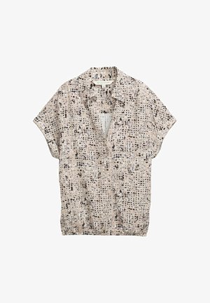 Korte mouwen blouse met een kraaghalslijn, gemaakt van een beige stof met een verspreid zwart en grijs abstract patroon. Lichtgewicht en zachte textuur.