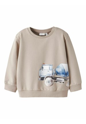 Felpa beige per bambini con un'illustrazione di un camion per cemento blu e bianco sul lato anteriore in basso.