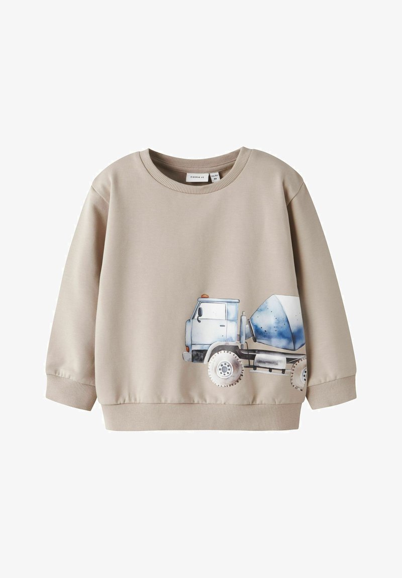 Sudadera beige para niños con una ilustración de un camión mezclador de cemento en azul y blanco en la parte inferior delantera.