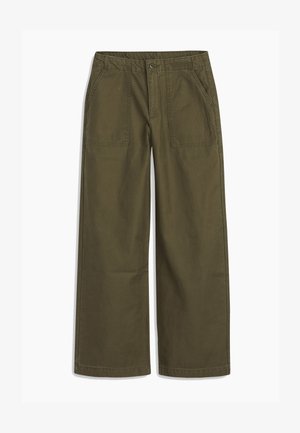 Olive green wide-leg pants with front patch pockets, button closure, and belt loops, displayed flat on a white background.