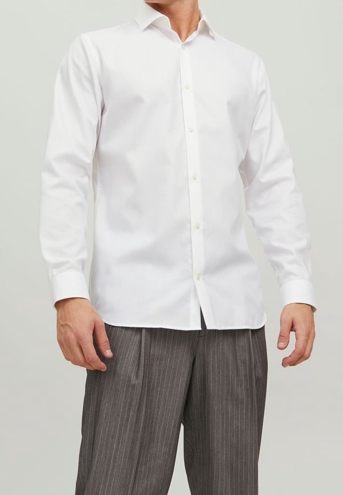 Camicia bianca a maniche lunghe con colletto a punta, chiusura con bottoni, realizzata in tessuto liscio. Abbinata a pantaloni grigi a righe sottili.