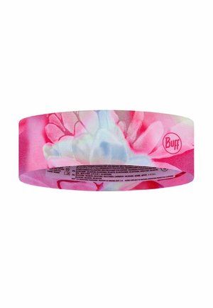 Cinta para la cabeza Buff con estampado floral en rosa y blanco con pequeñas etiquetas impresas de cuidado y material en el interior.
