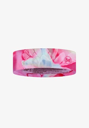 Cinta para la cabeza Buff con estampado floral en rosa y blanco con pequeñas etiquetas impresas de cuidado y material en el interior.