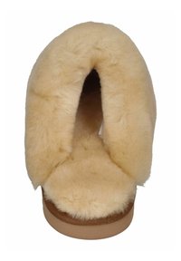 Sheepskin slippers with a soft, fluffy beige lining, featuring a wide opening and a beige, textured sole. No notable hardware or accents.
