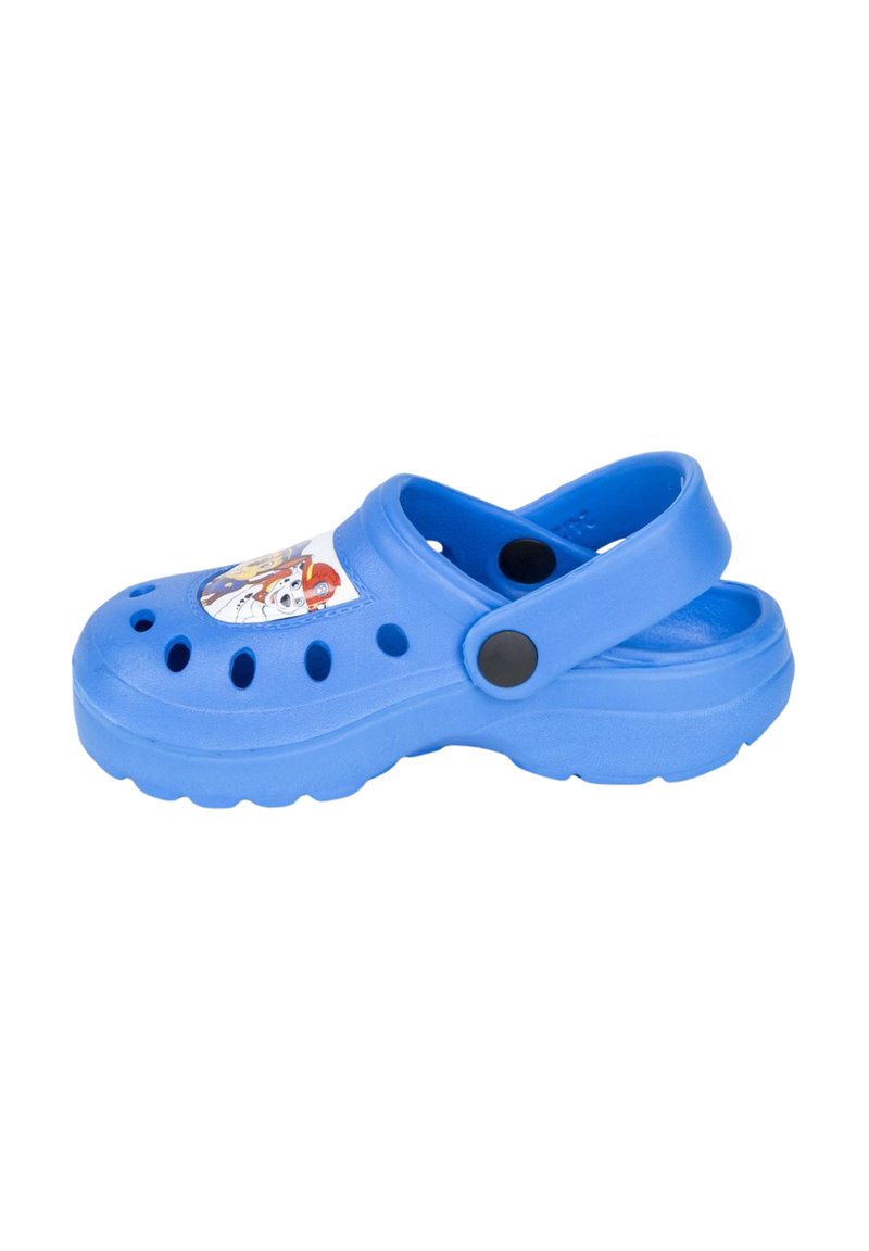 Blue plastic clog with ventilation holes and a back strap, featuring a character graphic on the top near the toe. Smooth texture.