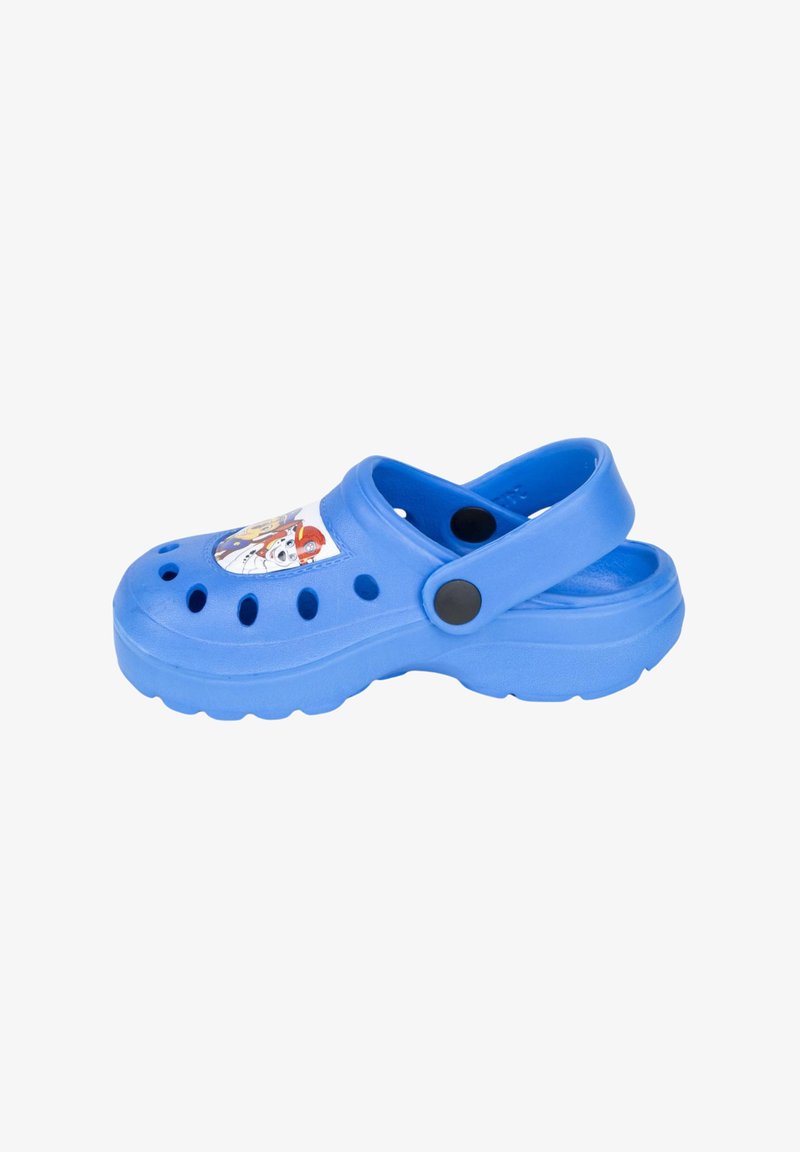 Blue plastic clog with ventilation holes and a back strap, featuring a character graphic on the top near the toe. Smooth texture.