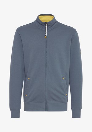 Blue zip-up jacket with a high collar and yellow interior. Features two side pockets with yellow hardware accents and ribbed cuffs.