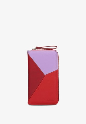 Rectangular zippered wallet with geometric panels in red and lavender leather, featuring a wrist strap and subtle embossed logo.