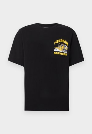 Czarny T-shirt z żółtą grafiką samochodu z lodami i napisem "ICECREAM SERVICES" na lewej piersi.