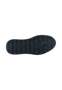 Černá gumová podrážka s texturovaným vzorem a logem. Má hluboké drážky pro trakci a hladký, zaoblený design špičky.