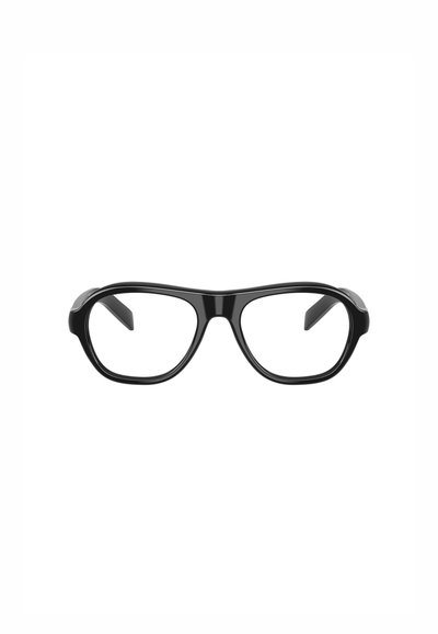 Occhiali da vista neri con montatura liscia e lucida e lenti leggermente angolate. Caratterizzati da aste dritte e un design minimalista.