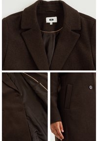 Brun ullblandning kappa med slagkrage, enkel knappstängning och sidofickor. Fodrad med ett slätt material. Enkla design detaljer.