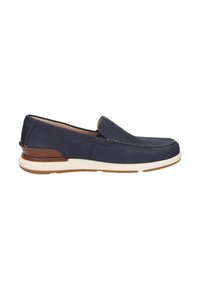 Marineblauwe instappers met een bovenwerk van suede, een witte rubberen zool en een accent van bruin leer. Heeft gestikte details langs de rand.