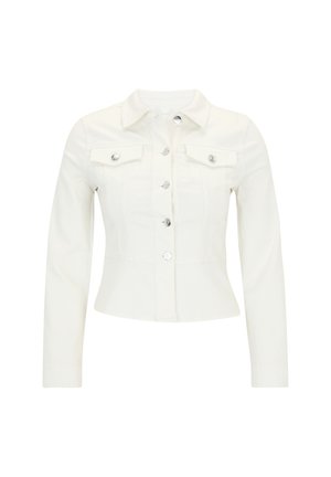 White denim jacket with long sleeves, fitted design, two chest pockets, and front button closure. Features metallic buttons and a collar.
