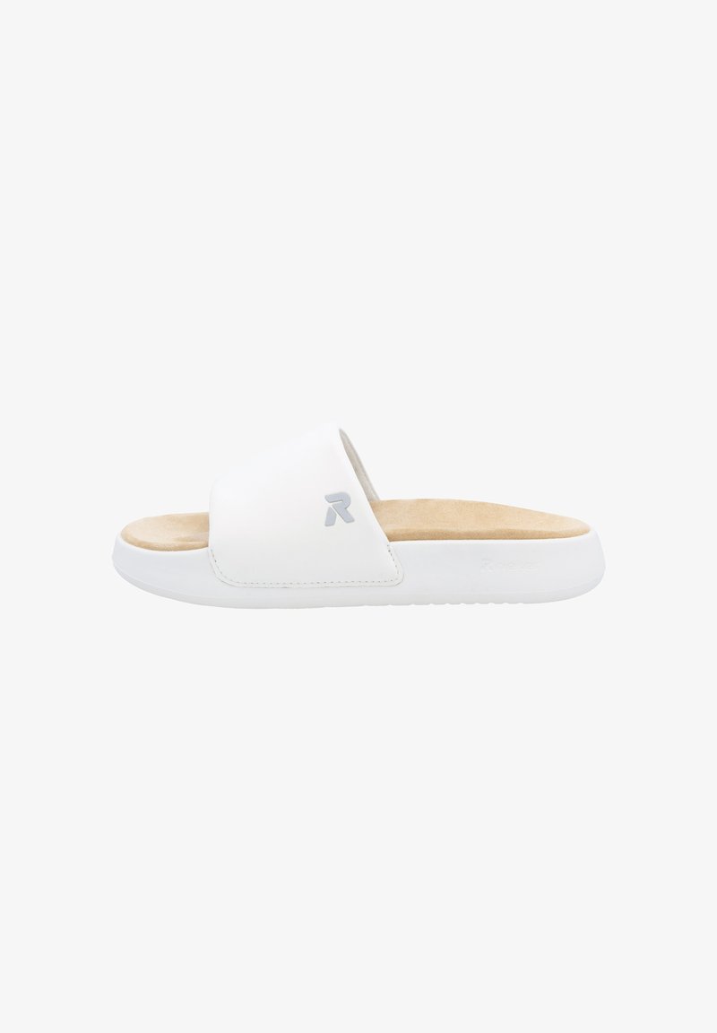 White slide sandal with a soft suede insole, smooth synthetic upper, and a simple design. Features subtle logo on the side and a textured sole.