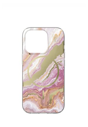 Custodia per telefono trasparente con motivo marmorizzato rosa, bianco e oro e design circolare in metallo dorato compatibile con la ricarica wireless.