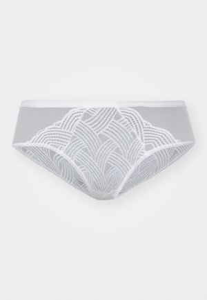 Sive spodnje perilo z čipkastimi detajli, ki ima bel cvetlični vzorec, mehak teksturo in elastičen pas. Srednje visoka zasnova.