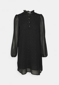 Black dress with a high ruffled collar, long sheer sleeves, and subtle patterned details. Features a button placket and a loose fit.