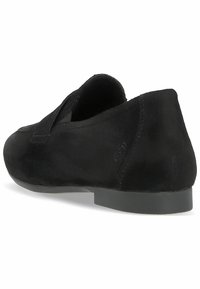 Scarpa slip-on in suede nera con punta rotonda, suola piatta in gomma nera e dettagli di cucitura minimi, che offrono una texture liscia.