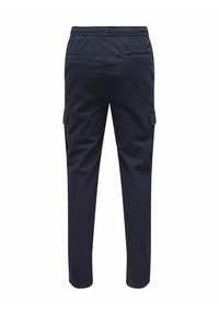 Navyblaue Cargo-Shorts aus Baumwolle mit einem elastischen Bund, zwei seitlichen Taschen und einer Seitentasche. Glatte Textur.