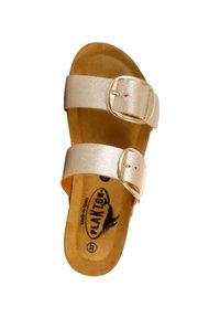 Two-strap sandal i metalisk guld materiale med justerbare spænder, tan fodseng og brandlogo trykt på indersålen.