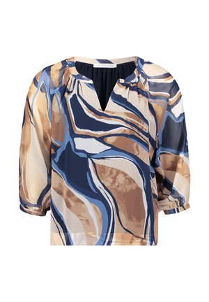 Korte mouw blouse met een V-hals, voorzien van een golvend patroon in tinten blauw, beige en bruin, gemaakt van lichtgewicht stof.