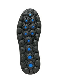 Suola di scarpa in gomma nera con motivi di imbottitura rialzata e rotonda, accentuati da cerchi blu distribuiti uniformemente nel design.