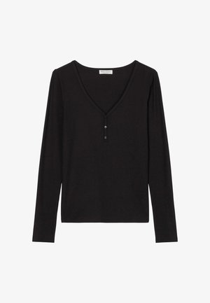 Black long-sleeve top with a V-neckline and three button placket. Made from a ribbed, soft fabric, featuring fitted sleeves and a straight hem.