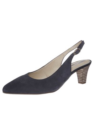 Chaussure femme à bride arrière en daim noir avec bout pointu, bride à boucle et talon moyen empilé.