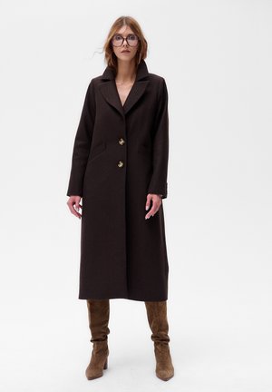 Long brown wool coat with a notched collar, three golden buttons, side pockets, and a smooth texture. Paired with brown knee-high boots.