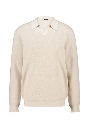 Hellbeiger Pullover mit strukturiertem Strickmuster, V-Ausschnitt und langen Ärmeln. Schlichtes Design mit gerippten Bündchen und Saum.