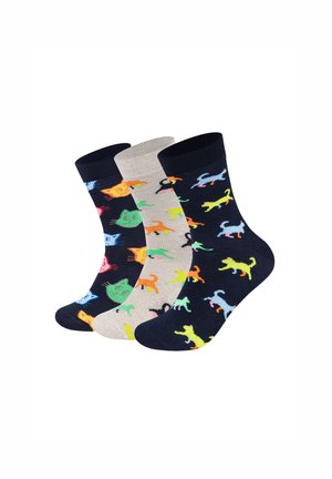 Drie paar katoenen sokken met een mix van kleurrijke kattenontwerpen. Donkerblauwe, beige en marineblauwe achtergrondkleuren met speelse patronen.