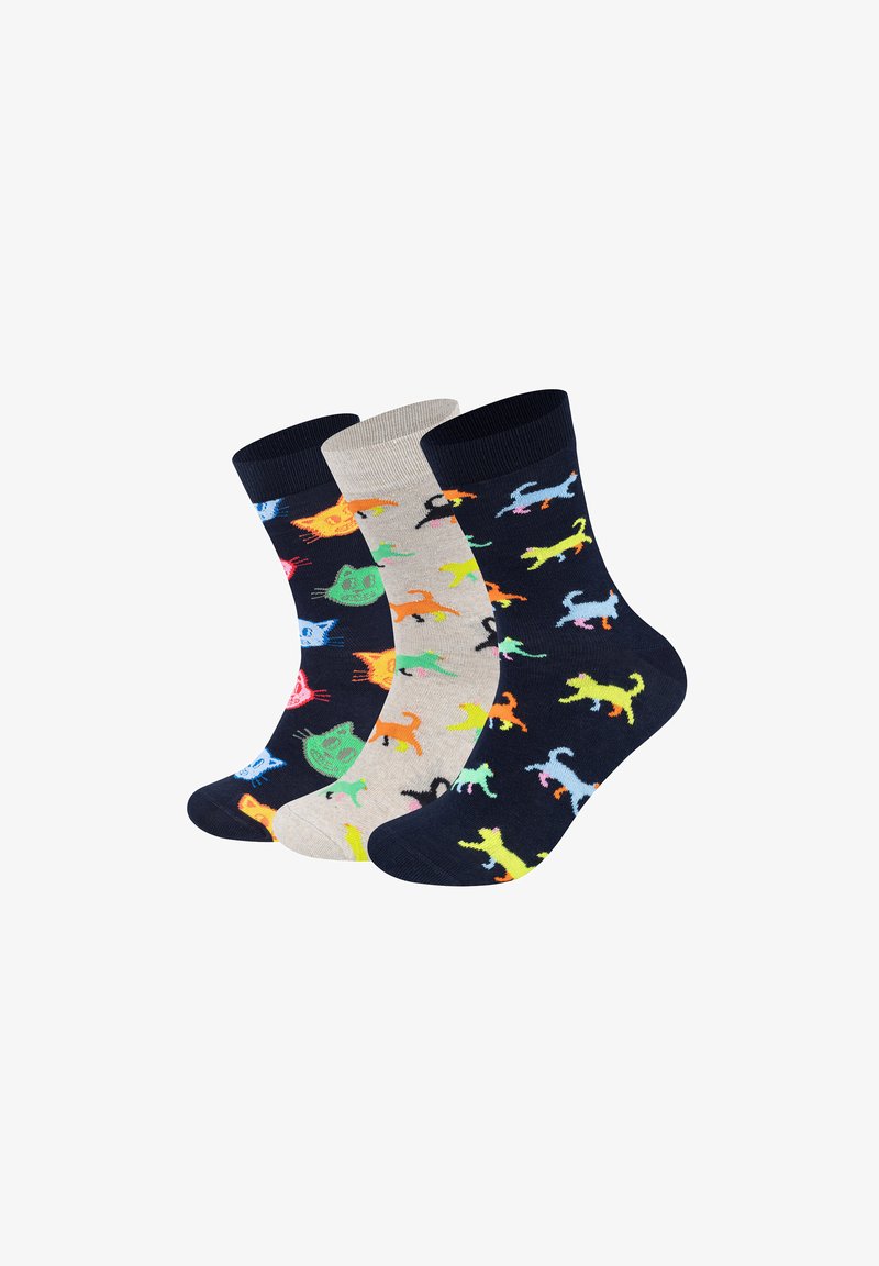 Trois paires de chaussettes en coton avec un mélange de motifs colorés de chats. Des couleurs de fond bleu foncé, beige et marine avec des motifs ludiques.