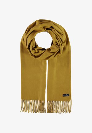 Horčicová žltá šatka, mäkká textúra, obdĺžnikový tvar, s franžami na okrajoch a s označením značky na jednom konci.