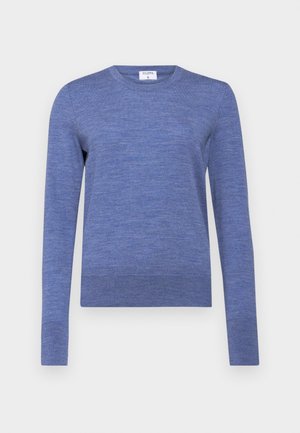 Blaues Langarm-Sweatshirt aus weichem Material. Hat einen Rundhalsausschnitt und einen leicht gerippten Saum. Glatte Textur mit einem subtilen Melange-Muster.