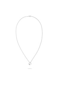 Zilveren ketting met een dunne schakel en een ronde hanger, met een gladde afwerking en een subtiele glans. Eenvoudig ontwerp zonder extra versieringen.