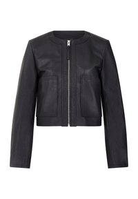 Svart läderkort jacka med rund halsringning, dragkedjestängning och två framfickor. Slät textur med rena linjer.