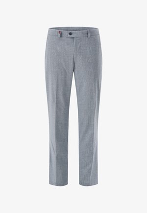 Light gray men's dress pants with a subtle plaid pattern, belt loops, front button, and zip closure.