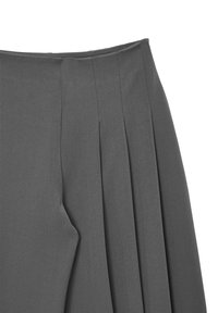 Gonna plissettata grigia con una texture liscia, caratterizzata da numerose pieghe verticali e una vita aderente, che evidenzia un design su misura.