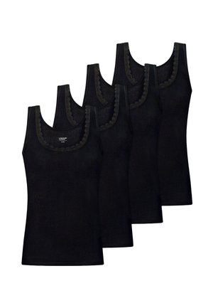 Set aus vier schwarzen ärmellosen Tanktops mit gewelltem Rand entlang der runden Ausschnitte, übereinander auf weißem Hintergrund angeordnet.