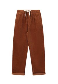 Pantalons en velours côtelé marron avec taille élastique, cordon de serrage ajustable et ourlets retroussés. Dispose d'une texture côtelée verticale pour plus de détails.