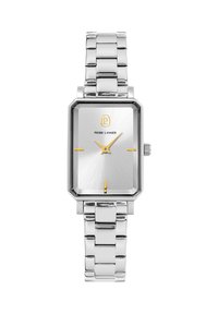 Orologio rettangolare argento con quadrante in metallo spazzolato, dettagli dorati e bracciale a maglie in argento lucido. Presenta una corona sul lato.