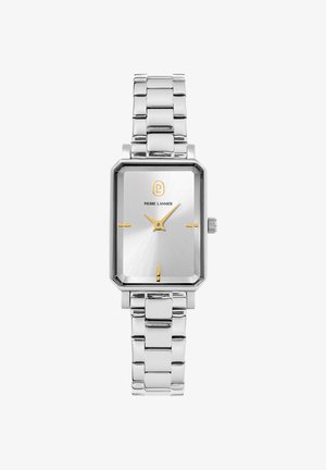 Srebrna pravokotna ura z brušenim kovinskim obrazom, zlatimi poudarki in poliranim srebrnim povezovalnim pasom. Ima krono na strani.