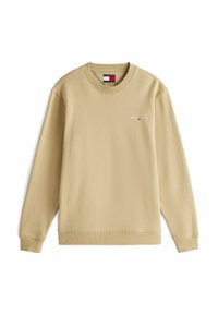 Sudadera beige con cuello redondo, puños y dobladillo acanalados. Presenta un pequeño logo que dice "TOMMY JEANS" en el frontal, hecha de suave material de algodón.