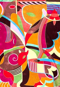 Diseño textil abstracto colorido que presenta formas, curvas y patrones audaces en rojo, rosa, naranja, verde y marrón, con acentos de puntos y rayas.
